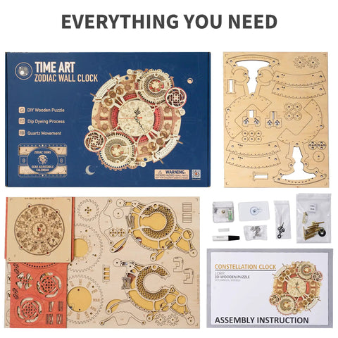Dope 3D Wooden Puzzle Clock Kit For Adults Hands On Zodiac Wall Clock Project Build Your Own Retro Steampunk Wood Model Kit With Quiet Movement And Date Dial packaging showing parts and instructions.