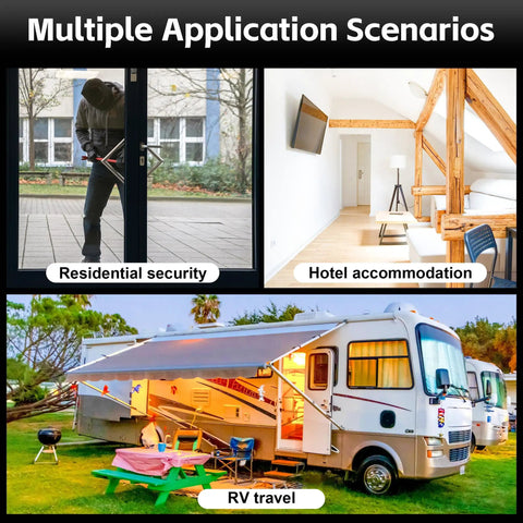 Image showing the use of 2 Pack White Adjustable Sliding Glass Door Security Bar No Tools Easy Install Jammer For Patio Front Doors Inside Bedrooms Hotels And Apartments Great For Apartments Hotels Rentals And Home Use in a home, hotel room, and RV.