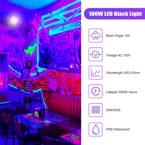 Super Bright UV Black Light 100W Flood Light With 10ft Power Cord IP66 Ultraviolet Stage Lighting For Halloween Parties DJ