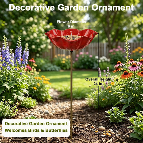 Metal Flower Garden Stake Bird Bath Waterer For Outdoor Yards Pollinator Station Hummingbird Fountain Butterfly Bee Water Feeder Decorative Yard Art Gift 1 Piece No Fuss Easy Setup Garden Decor installed in garden