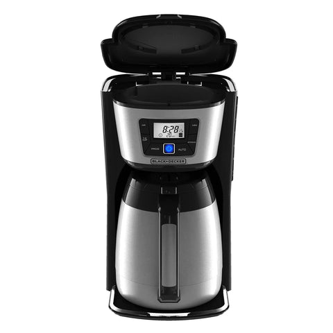 12-Cup Thermal Coffee Maker With Wide Mouth Carafe And No-Drip Pour Spout, Black Silver Finish, Fast Brew opened lid