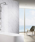 Brushed Nickel Retrofit Shower System With 9 Inch Rain Shower Head Drill Free Install in modern bathroom setting