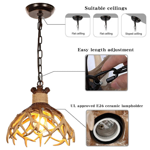 Rustic Deer Antler Pendant Ceiling Light With Aged Iron Accents shown with adjustable chain and E26 base.