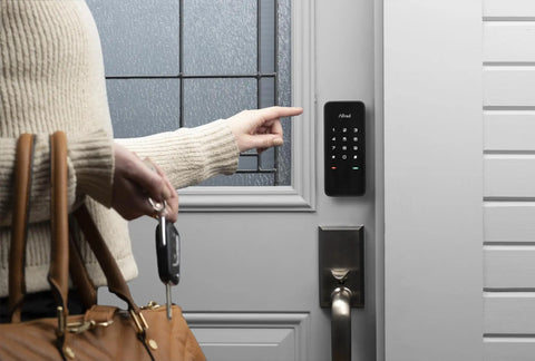 Person using Touchscreen Smart Door Lock With Keypad And Bluetooth Motorized Deadbolt One Tap Entry Easy Setup Remote App Control See Who Entered And When 20 Unique Access Codes Black DB1
