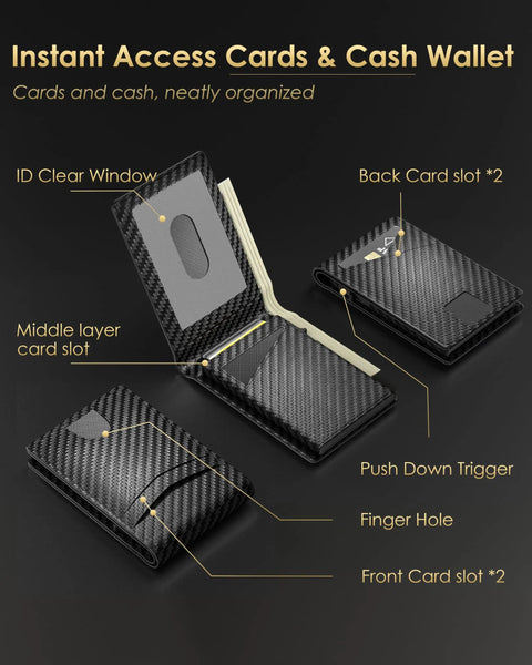 Slim RFID Blocking Wallet For Men With Pop Up Card Holder, Metal Shell, open view showing card slots and ID window, carbon fiber finish.