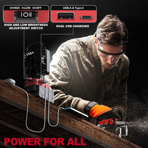 Man using Go To Cordless LED Work Light Flood Beam 3800 Lumen, 38W, 18V Battery Powered with USB ports for a cutting task