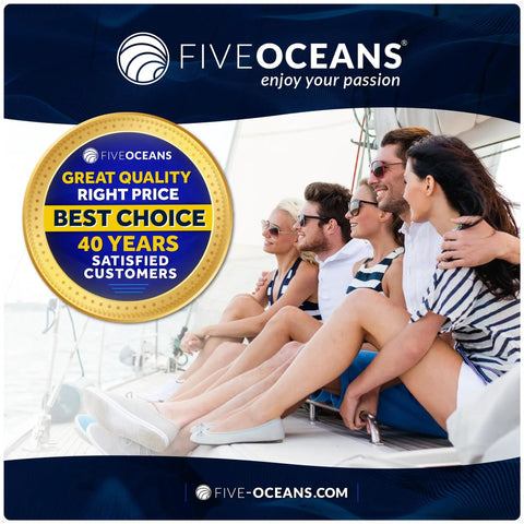People enjoying a boat ride with Five Oceans logo and 40 years customer satisfaction badge on display.