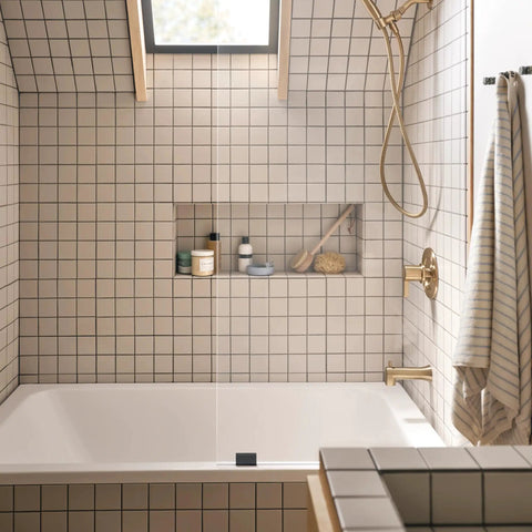 Solid Single Handle Tub And Shower Faucet Set With Pressure Balancing Valve And Handheld Sprayer Bronzed Gold Finish in modern tiled bath.