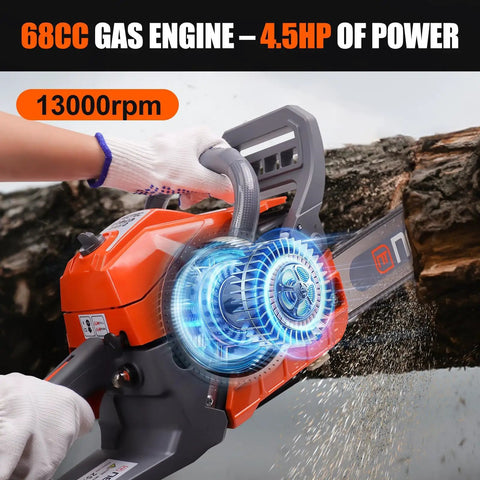 User cutting log with Heavy Hitter 68cc Gas Chainsaw With 22 Or 24 Inch Bar, showing engine power and 13,000 RPM speed.