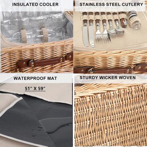 Wicker Picnic Basket Set For Two With Insulated Cooler, stainless steel cutlery, waterproof mat, and sturdy wicker material