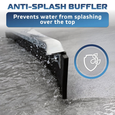 Close-up of 24-inch curved floor squeegee with rubber blade, preventing water splash, for garage use and debris removal