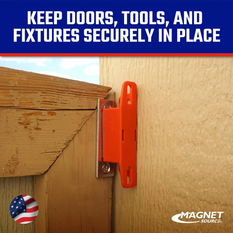 Built Like A Tank Ceramic Magnetic Latch Kit With Strike Plate secures cabinet doors with red housing at a corner.