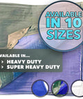 Heavy Duty Waterproof Tarp 25x33, 120 GSM 12 Mil, available in 10 sizes, showing folded tarp with grommets and different color options.