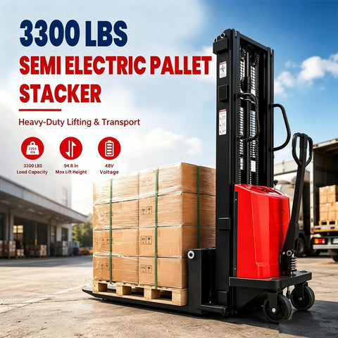 Heavy Duty Semi Electric Pallet Stacker Truck With 3300 Lb Capacity And 94.8 Inch Max Lift Height lifting stacked boxes on a pallet.
