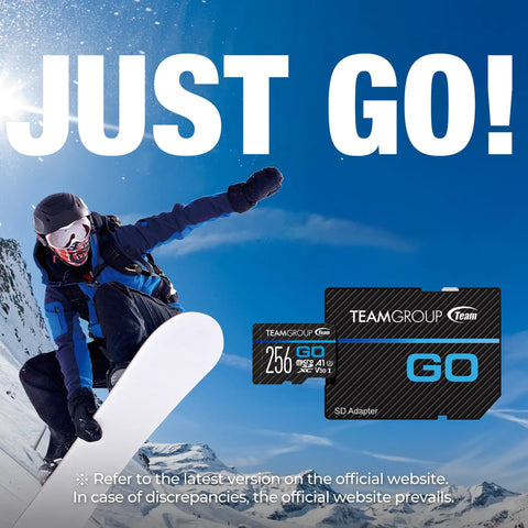 256GB MicroSDXC UHS I U3 V30 Memory Card for Action Cameras and Drones with Adapter, snowboarder in action