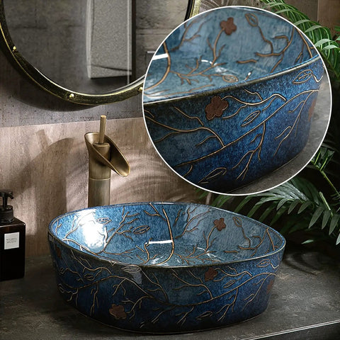 Vintage Hand Painted Blue Ceramic Vessel Sink Top Shelf Slick Gloss Finish No Hassle Easy Clean Single Basin Vanity Washbasin Complete Faucet Kit Ready To Roll with floral design details.