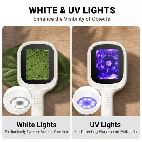 Autofocus Microscope With 2.8 Inch IPS Screen, Snap Photos And Videos, Easy Auto Focus, Dual LED Lighting, Crystal Clear Magnification, Perfect For Kids, Students, Hobbyists And DIY Makers with white and UV lights