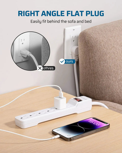 Six Outlet Surge Protector Power Strip With 10 Foot Extension Cord flat plug low profile behind sofa with phone charging