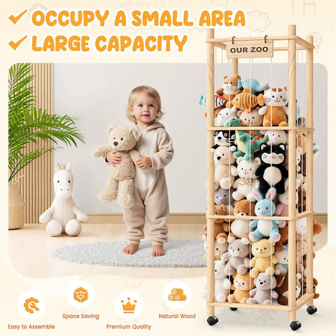Child holding teddy bear next to Extra Large Stuffed Animal Zoo Organizer With Wheels For Kids Rooms And Playrooms, full of plush toys.