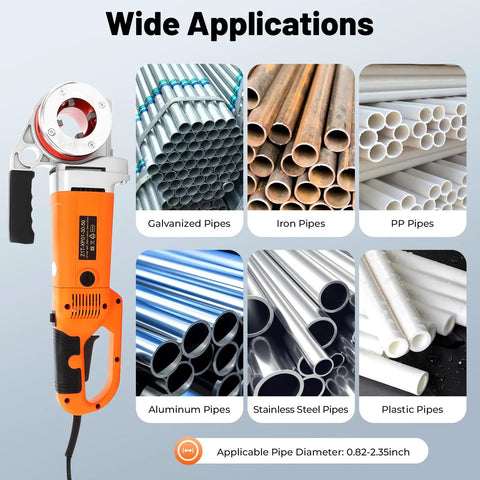 Badass 2300W Electric Pipe Threader Kit With Heavy Duty Threading Machine showcasing various pipes including aluminum and stainless steel.