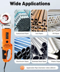 EurHomePlus Electric Pipe Threader Kit With 2300W Motor And 6 Dies For 1/2 To 2 Inch Pipes, showcasing various pipe materials.