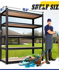 Heavy Duty 5 Tier Adjustable Garage Shelving Unit 78 Inch Tall Steel Storage Rack with dimensions overlay and gardener