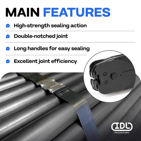 Heavy Duty Front Action Steel Strapping Sealer And Crimper For Three Quarter Inch Strapping With Long Fourteen Inch Handle Front Action Operates On Horizontal And Vertical Surfaces Heat Treated Wear Resistant Parts, steel strap seal close-up