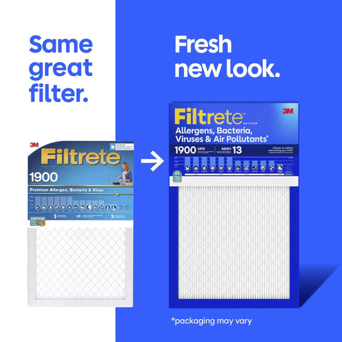 Comparison of old and new packaging for 16x20x1 Air Filter MERV 13 MPR 1900 For Allergens Bacteria Viruses And Air Pollutants 6 Pack