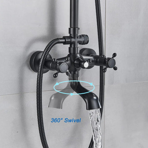 Matte Black Outdoor Shower Faucet Set With 8 Inch Rainfall Shower Head And Handheld Spray Luxury Shower System, 360° swivel faucet.