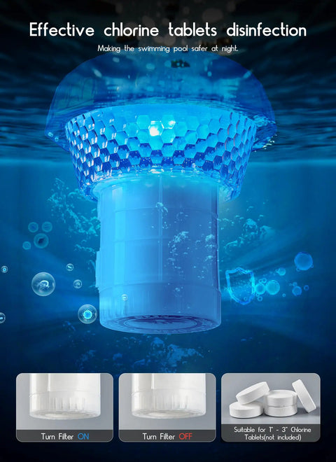 Floating pool chlorine dispenser underwater, showcasing blue LED lights for nighttime disinfection.