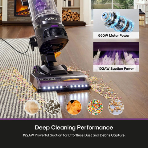 Eureka FlexReach Bagless Vacuum With Lift-Away Wand And Swivel Base For Stairs Upholstery And Hardwood on wood floor.