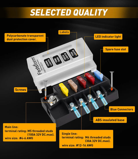 Waterproof 4 Circuit Fuse Panel, Ato Blade Fuse Block, Led Indicators, 12 Volt And 24 Volt Power For Boat Truck Rv close-up view with labels and connectors.