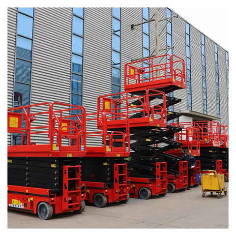 Built Like A Tank Battery Powered Vertical Mast Lift With Heavy Duty Steel And Smart Overload Guards For Smooth Walking Scissor Work At Top Shelf Heights in a row on concrete.