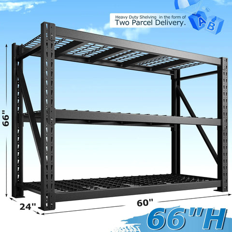 Rock Solid Industrial Storage Shelves 2 Pack 8250 Pound Capacity Heavy Duty 3 Tier Adjustable Metal Rack, 66 inch height, 60 inch width.