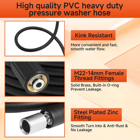 Close-up of Versatile Heavy Duty Pressure Washer Gun And Hose Kit With Replacement Extension Wand For Most Brands Built With Steel Plated Zinc Fittings Anti Rust And Leak Free, showing kink-resistant hose and zinc fittings.