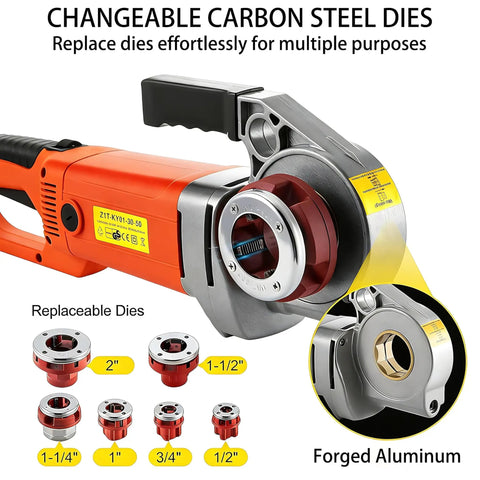 Built Tough 2300W Electric Pipe Threading Tool With 6 Die Set Covering One Half To Two Inches featuring changeable carbon steel dies.