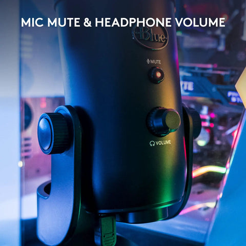 Close-up of Blue Yeti USB Microphone for PC and Mac, with mute and volume controls, ideal for gaming and streaming.