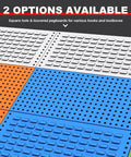 Close-up of multi-colored square hole and louvered pegboards for hooks and toolboxes, orange, blue, white options available.