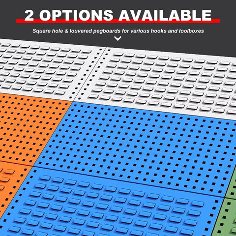 Colorful pegboards with square and louvered holes for tool storage options, compatible with Heavy Duty 2 Tier Mobile Steel Workshop Shelving Unit With Wheels And Handle For Tools And Hardware Storage In Garage Or Shop Durable Powder Coated Steel Holds Up To 20 Kg Per Shelf.