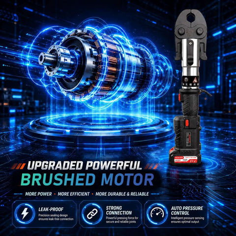 Heavy Duty 21V Cordless Hydraulic Pipe Crimper With 60KN Force For Copper HVAC Plumbing, showcasing powerful brushed motor design.