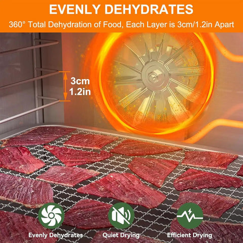 Heavy Duty 10 Tray Electric Food Dehydrator With Digital Temp Control Timer For Meat Beef Jerky Fruit Veggies showing dehydrating beef jerky.
