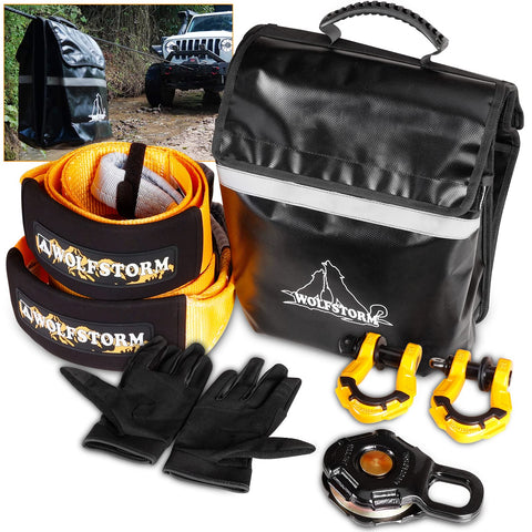Beefy Off Road Winch Recovery Kit 8 Piece Set With 4x20 Tow Strap 4x8 Tree Saver 33000 Lbs Snatch Block Storage Bag Display