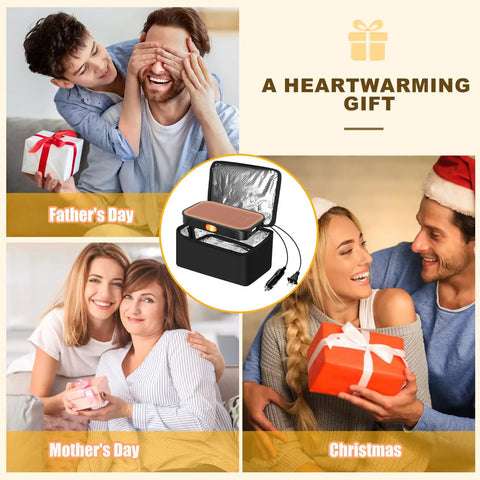 Portable 100W Electric Lunch Box Oven with Fast Heating 3 in 1 Design shown as a gift for Father's Day, Mother's Day, Christmas