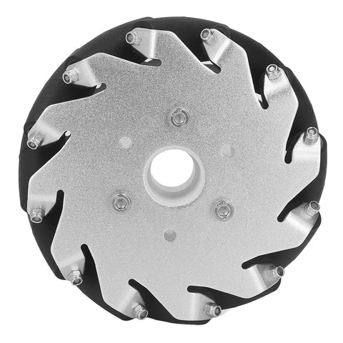Silver 127mm omni directional wheel kit featuring 12 rubber rollers for DIY robot car projects, enabling smooth 360-degree movement.