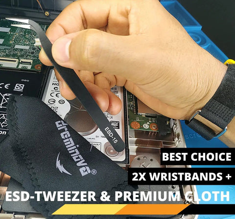Person using ESD Anti Static Wrist Strap Band Long Earthing Wristband during PC repair with tweezer and protective cloth
