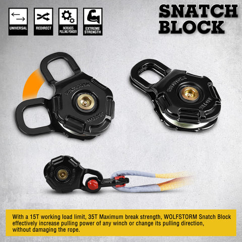 Beefy Off Road Winch Recovery Kit 8 Piece Set With 4x20 Tow Strap 4x8 Tree Saver 33000 Lbs Snatch Block in black, close-up.