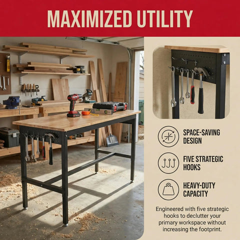 Badass 70 Inch Adjustable Workbench Featuring Rock Solid 2500 Pound Steel Frame And Built In Rolling Cabinet Storage For Serious Daily Garage Hustle Upgrades showing five hooks for tool organization.