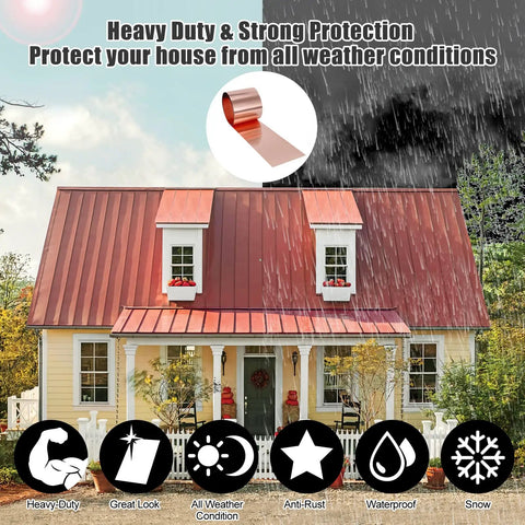 Red-roofed house in rain with inset of Pro Grade Copper Flashing Roll 99.95 Percent Pure 16 Oz 24 Gauge used for weatherproofing.