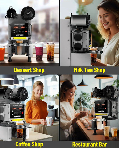 Top Tier Automatic Cup Sealer Machine For Busy Cafes Rapidly Seals Six Hundred Cups Per Hour With Smart Display in dessert and milk tea shops.