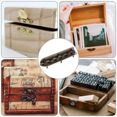 Collage showing 12 Pack 90 Degree Flush Door Hinges for small wooden boxes and jewelry boxes in various DIY projects.